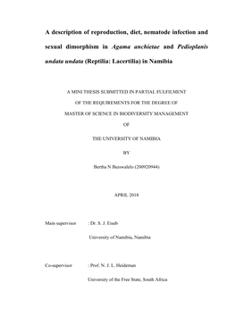 A Description of Reproduction, Diet, Nematode Infection and Sexual Dimorphism in Agama Anchietae and Pedioplanis Undata Undata (Reptilia: Lacertilia) in Namibia