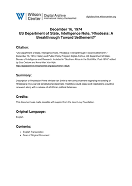 December 16, 1974 US Department of State, Intelligence Note, 'Rhodesia: a Breakthrough Toward Settlement?'