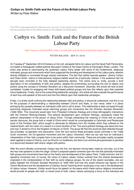 Corbyn Vs. Smith: Faith and the Future of the British Labour Party Written by Peter Walker