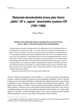 Občanská Demokratická Strana Jako Hlavní „Dědic“ of a „Agens“ Stranického Systému ČR (1991–1998)