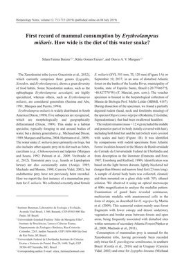 First Record of Mammal Consumption by Erythrolamprus Miliaris. How Wide Is the Diet of This Water Snake?