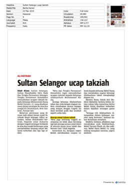 Sultan Selangor Ucap Takziah