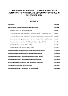 Camden Local Authority Arrangements for Admission to Primary and Secondary Schools in September 2021