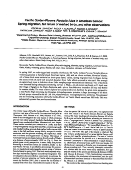 Pacific Golden-Plovers Pluvialis Fulva in American Samoa: Spring Migration, Fall Return of Marked Birds, and Other Observations OSCAR W