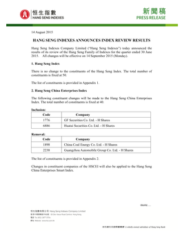 Hang Seng Indexes Announces Index Review Results