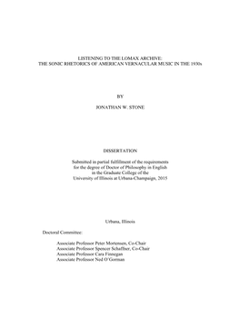 LISTENING to the LOMAX ARCHIVE: the SONIC RHETORICS of AMERICAN VERNACULAR MUSIC in the 1930S