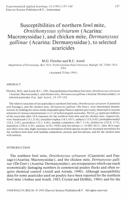 Susceptibilities of Northern Fowl Mite, Ornithonyssus Sylviarum (Acarina