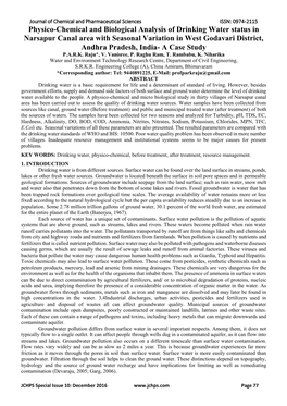 Physico-Chemical and Biological Analysis of Drinking Water Status In