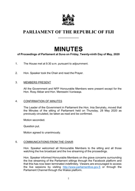 MINUTES of Proceedings of Parliament at Suva on Friday, Twenty-Ninth Day of May, 2020