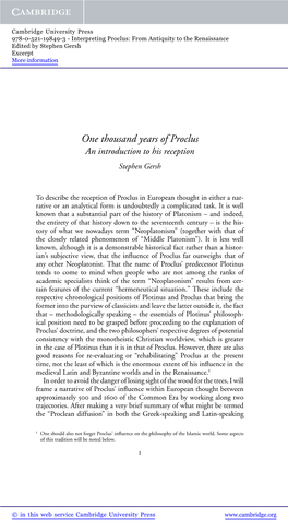 One Thousand Years of Proclus an Introduction to His Reception Stephen Gersh