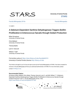 A Selenium-Dependent Xanthine Dehydrogenase Triggers Biofilm Proliferation in Enterococcus Faecalis Through Oxidant Production