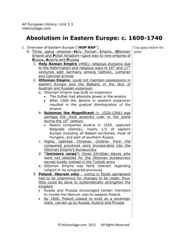 Absolutism in Eastern Europe: C. 1600-1740