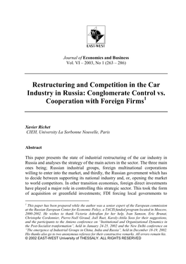 Restructuring and Competition in the Car Industry in Russia: Conglomerate Control Vs