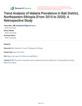 Trend Analysis of Malaria Prevalence in Bati District, Northeastern Ethiopia