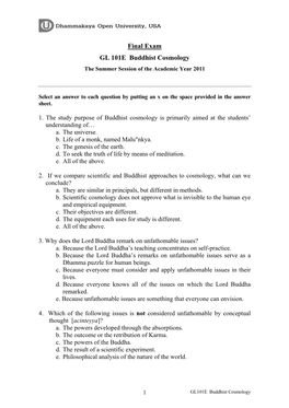 Final Exam GL 101E Buddhist Cosmology the Summer Session of the Academic Year 2011