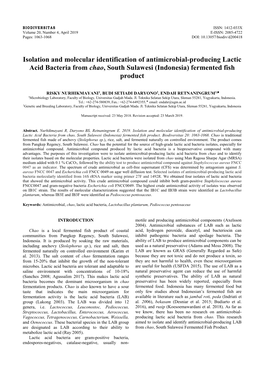 Isolation and Molecular Identification of Antimicrobial-Producing Lactic Acid Bacteria from Chao, South Sulawesi (Indonesia) Fermented Fish Product