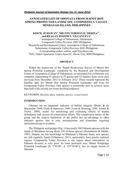 Annotated List of Odonata from Mainit Hot Spring Protected Landscape, Compostela Valley, Mindanao Island, Philippines