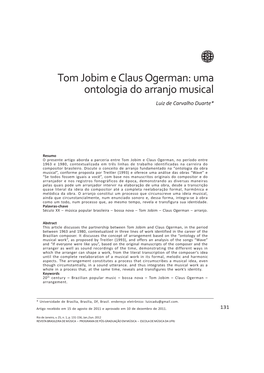 Tom Jobim E Claus Ogerman: Uma Ontologia Do Arranjo Musical Luiz De Carvalho Duarte*