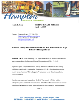 Hampton History Museum Exhibit of Civil War Watercolors and Maps Extended Through May 27