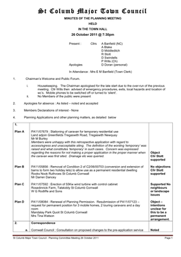 St Columb Major Town Council MINUTES of the PLANNING MEETING HELD in the TOWN HALL 26 October 2011 @ 7:30Pm