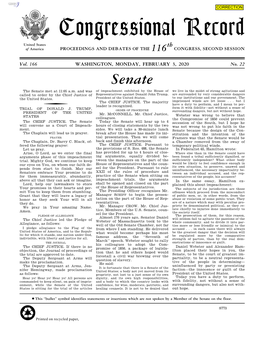 Congressional Record United States Th of America PROCEEDINGS and DEBATES of the 116 CONGRESS, SECOND SESSION