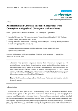 Antimalarial and Cytotoxic Phenolic Compounds from Cratoxylum Maingayi and Cratoxylum Cochinchinense
