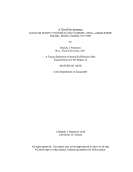 A Good Investment: Women and Property Ownership in a Mid-Twentieth Century Canadian Suburb, Oak Bay, British Columbia 1940-1960