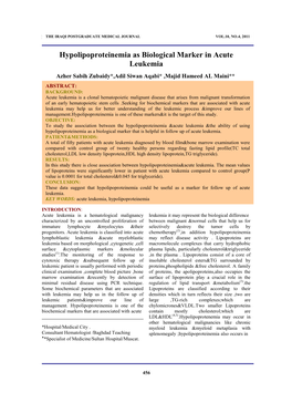 Hypolipoproteinemia As Biological Marker in Acute Leukemia