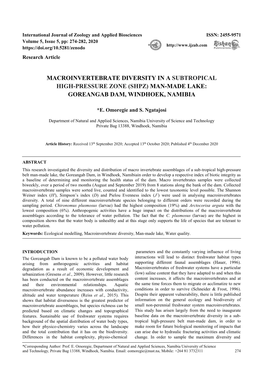 Macroinvertebrate Diversity in a Subtropical High-Pressure Zone (Shpz) Man-Made Lake: Goreangab Dam, Windhoek, Namibia