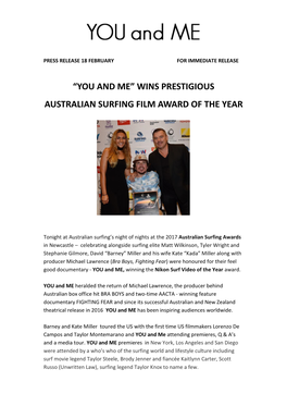 “You and Me” Wins Prestigious Australian Surfing Film Award of the Year