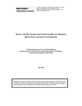 Thailand: Background Paper on Human Rights, Refugees and Asylum Seekers