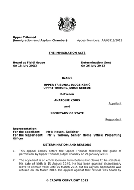 Upper Tribunal (Immigration and Asylum Chamber) Appeal Numbers: AA/03919/2012