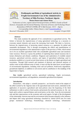 Problematic and Risks of Agricultural Activity in Fragile Environments Case of the Administrative Territory of Mila Province, Northeast Algeria