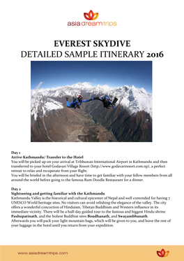 Everest Skydive Detailed Sample Itinerary 2016