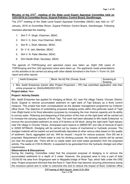 Minutes of the 273Rd Meeting of the State Level Expert Appraisal Committee Held on 12/01/2016 at Committee Room, Gujarat Pollution Control Board, Gandhinagar