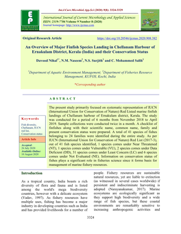 An Overview of Major Finfish Species Landing in Chellanam Harbour of Ernakulam District, Kerala (India) and Their Conservation Status