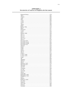 APPENDIX 1 Inventories of Sources of English Solo Lute Music