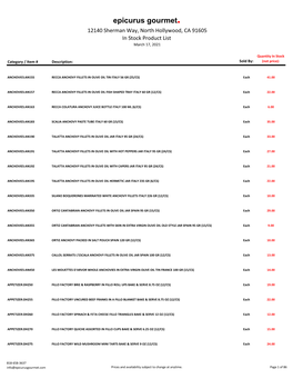 Epicurus Gourmet. 12140 Sherman Way, North Hollywood, CA 91605 in Stock Product List March 17, 2021