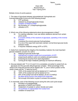 (4 Points Apiece): 1. the Steps of Glycolysis Between