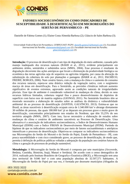 Fatores Socioeconômicos Como Indicadores De Susceptibilidade À Desertificação Em Microregiões Do Sertão De Pernambuco – Pe