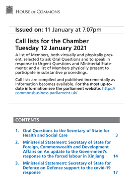 Call List for Tue 12 Jan 2021