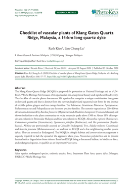 Checklist of Vascular Plants of Klang Gates Quartz Ridge, Malaysia, a 14-Km Long Quartz Dyke