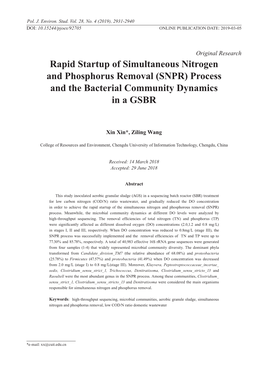 Rapid Startup of Simultaneous Nitrogen and Phosphorus Removal (SNPR) Process and the Bacterial Community Dynamics in a GSBR