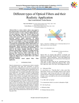 Different Types of Optical Filters and Their Realistic Application Vijay Laxmi Kalyani, Varsha Sharma