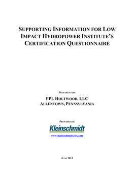 Supporting Information for Low Impact Hydropower Institute’S Certification Questionnaire