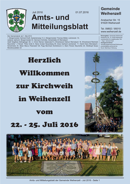 Amts- Und Mitteilungsblatt Der Gemeinde Weihenzell - Juli 2016 - Seite 1 Öffnungszeiten, Termine
