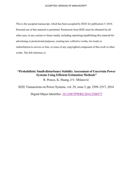 “Probabilistic Small-Disturbance Stability Assessment of Uncertain Power Systems Using Efficient Estimation Methods” R