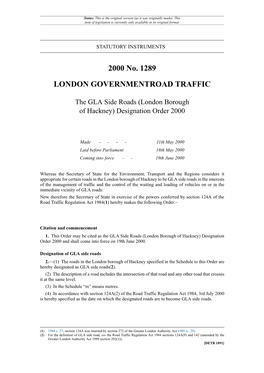 The GLA Side Roads (London Borough of Hackney) Designation Order 2000