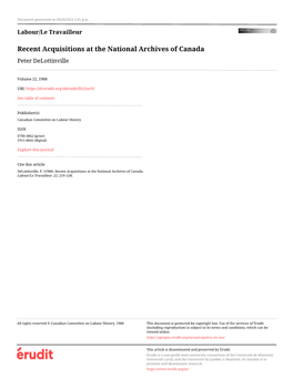 Recent Acquisitions at the National Archives of Canada Peter Delottinville