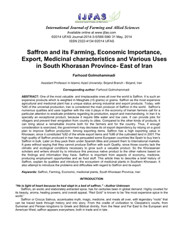 Saffron and Its Farming, Economic Importance, Export, Medicinal Characteristics and Various Uses in South Khorasan Province- East of Iran